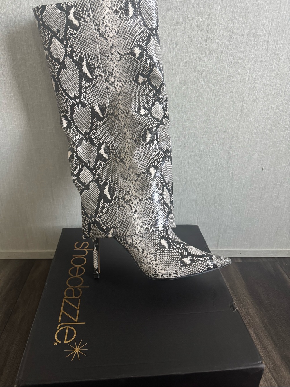 Shoe Dazzle Snake-Print Pointed Toe Stiletto Knee Boots - Black & White